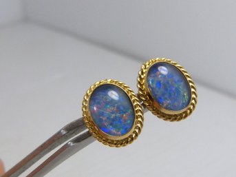 Pair Of 14 K Yellow Gold & Opal Earrings