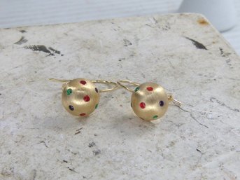 Pair Of 14 K Yellow Gold & Enamel Dot Earrings