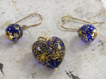 14 K Yellow Gold & Italian Blue Art Glass Pendant & Earrings Set