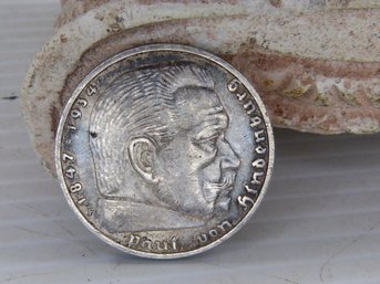 1936 Paul Von Hindenburg German 5 Reichs Mark Silver Coin