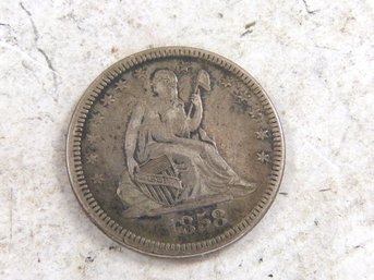 1858 US Seated Liberty Quarter Silver Coin