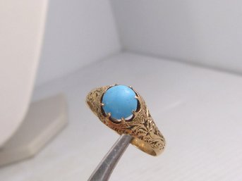 Engraved Antique 14 K  Gold & Turquoise Ring