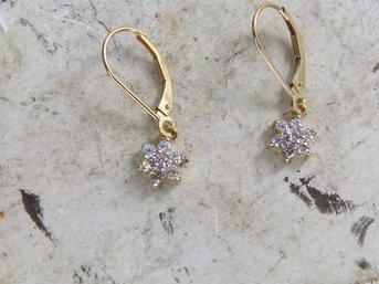 Pair Of 14 K Yellow Gold & CZ Cluster Dangle Earrings