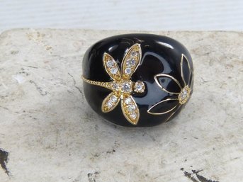 Large Sterling Silver Enamel & Crystal Dragonfly Ring