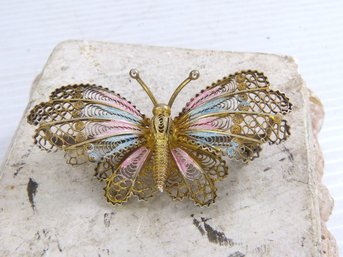 Gorgeous Vintage .800 Silver & Enamel Cannetille Butterfly Pin