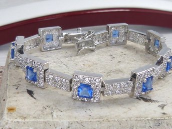 Sterling Silver , Blue & Clear Crystal Art Deco Style Bracelet