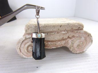 Unique Sterling Silver , Natural Black Tourmaline Crystal  & Opal Pendant