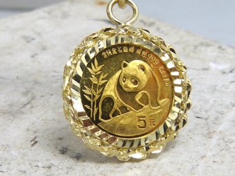 Spectacular 1990 Chinese .999 Fine Gold Panda Coin In Bezel Pendant