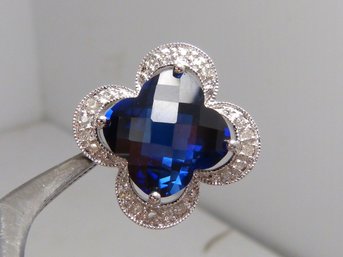 Large 10K White Gold , Sapphire & Diamond Pendant