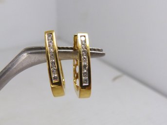 Beautiful  Pair Of 18K Yellow Gold Channel Set Diamond Hoop Earrings