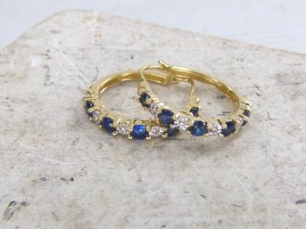 Beautiful  Pair Of 14K Yellow & White Gold , Sapphire & Diamond Hoop Earrings