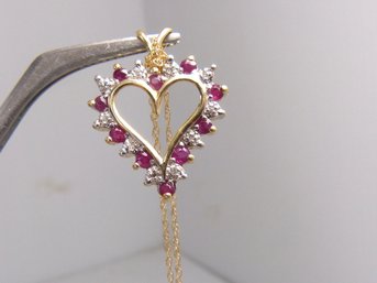 10K Yellow Gold , Ruby & Diamond Heart Pendant With 14 K Chain