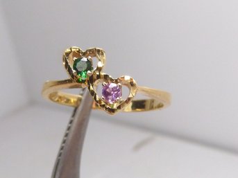 Cute 14K Yellow Gold , Pink & Green Heart Ring