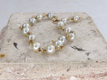 Vintage 14K Yellow Gold & Pearl Station Bracelet