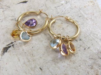 Pair Of 14K Yellow Gold & Multi Gem Hoop Earrings