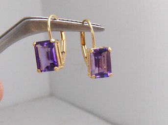 Pair Of 14K Yellow Gold & Emerald Cut Amethyst Earrings