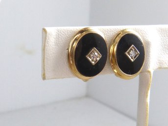 Pair Of Vintage 10K Yellow Gold, Black Onyx & Diamond Earrings