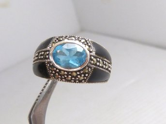 Sterling Silver , Marcasite , Onyx & Blue Topaz  Ring