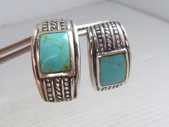 Pair Of Sterling Silver & Turquoise Huggie Earrings