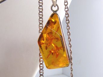 Huge Sterling Silver & Polished Amber Pendant With Chain