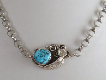 Vintage Sterling Silver & Turquoise Native American Necklace  - Signed -