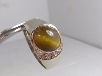 Large Men's  14K White Gold, Tiger's Eye & Diamond Ring