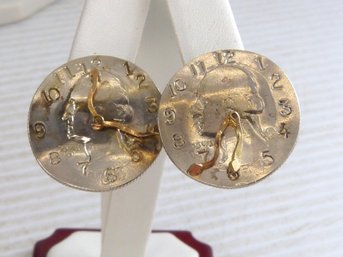 Unique Designer Signed Limited 18K Gold & Silver Quarter Earrings