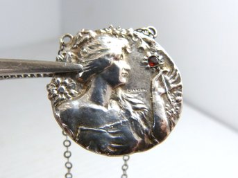 Vintage Sterling Silver Pendant W Chain - Victorian Woman With Flower