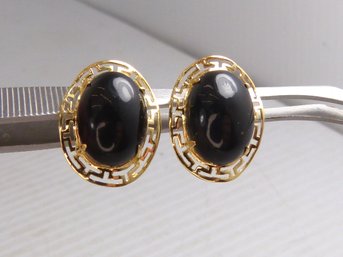 Pair Of 14K Yellow Gold Greek Key Design Black Onyx Earrings