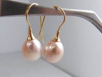 Large 14K Yellow Gold & Large Pinkish Pearl Earrings