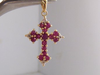 Incredible 14K Yellow Gold ,Ruby & Diamond Cross Pendant