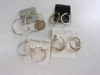 Lot Of 4 Pairs Of NOS Sterling Silver Hoop Earrings