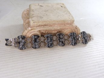 Unique Sterling Silver & Snowflake Obsidian Bracelet Signed Decorte