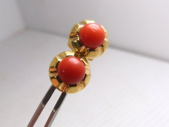 Vintage 14K Yellow Gold & Polished Coral Stud Earrings