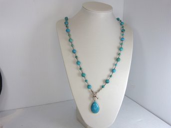 Long Sterling Silver & Turquoise Toggle Necklace  W Pendant