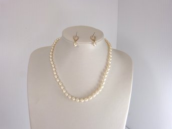 Beautiful 14K Yellow Gold Pearl Necklace  & Earrings Set