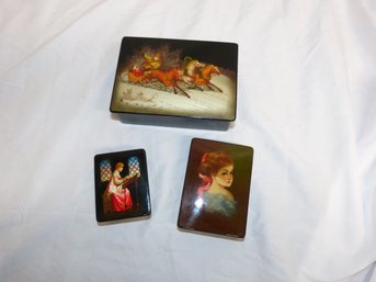 Group Of 3 Vintage Russian Lacquered Hand Painted Boxes - Signed -