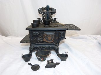 Vintage Cast Iron Toy Stove With Accessories