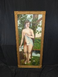 Large Antique Folk Art Oil On Canvas Painting Of Nude