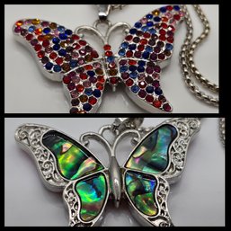 Abalone Shell, Austrian Crystal, Reversible Butterfly Pendant Necklace In Silvertone