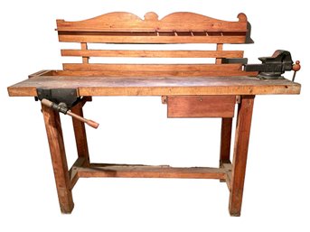 Vintage Wooden Workbench With Two Vices.