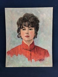 Signed Portrait Of Woman In Red By M. Botticello