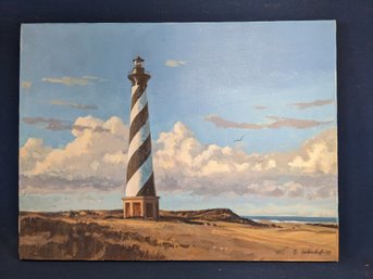 Signed Lighthouse Painting On Canvas Stretcher