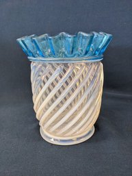 Opalescent And Blue Glass Ruffle Edge Swirl Vase / Celery - Hobbs Brockunier?