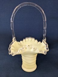 Pale Yellow And Clear Glass Basket With Ruffle Edge