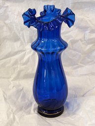 Antique Cobalt Blue Handblown Glass Vase With Painted Detail And Ruffled Edge
