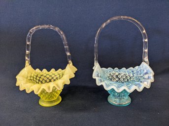 Two (2) Small Hobnail Ruffled Edge Glass Baskets