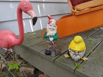 Grouping Of Three Lawn Decorations Includes Two Gnomes And A Flamingo