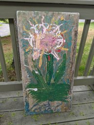 Painting Of A Flower On A Weathered Wood Board