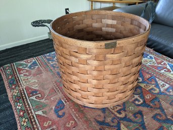 Large Handmade Wooden Basket With Braided Leather Handles By Peterboro USA